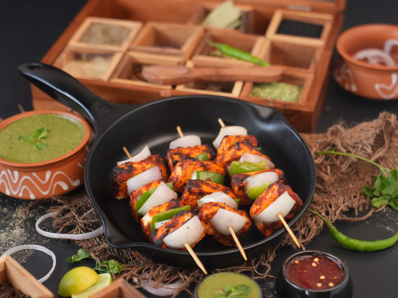 Grilled paneer tikka with peppers and onions