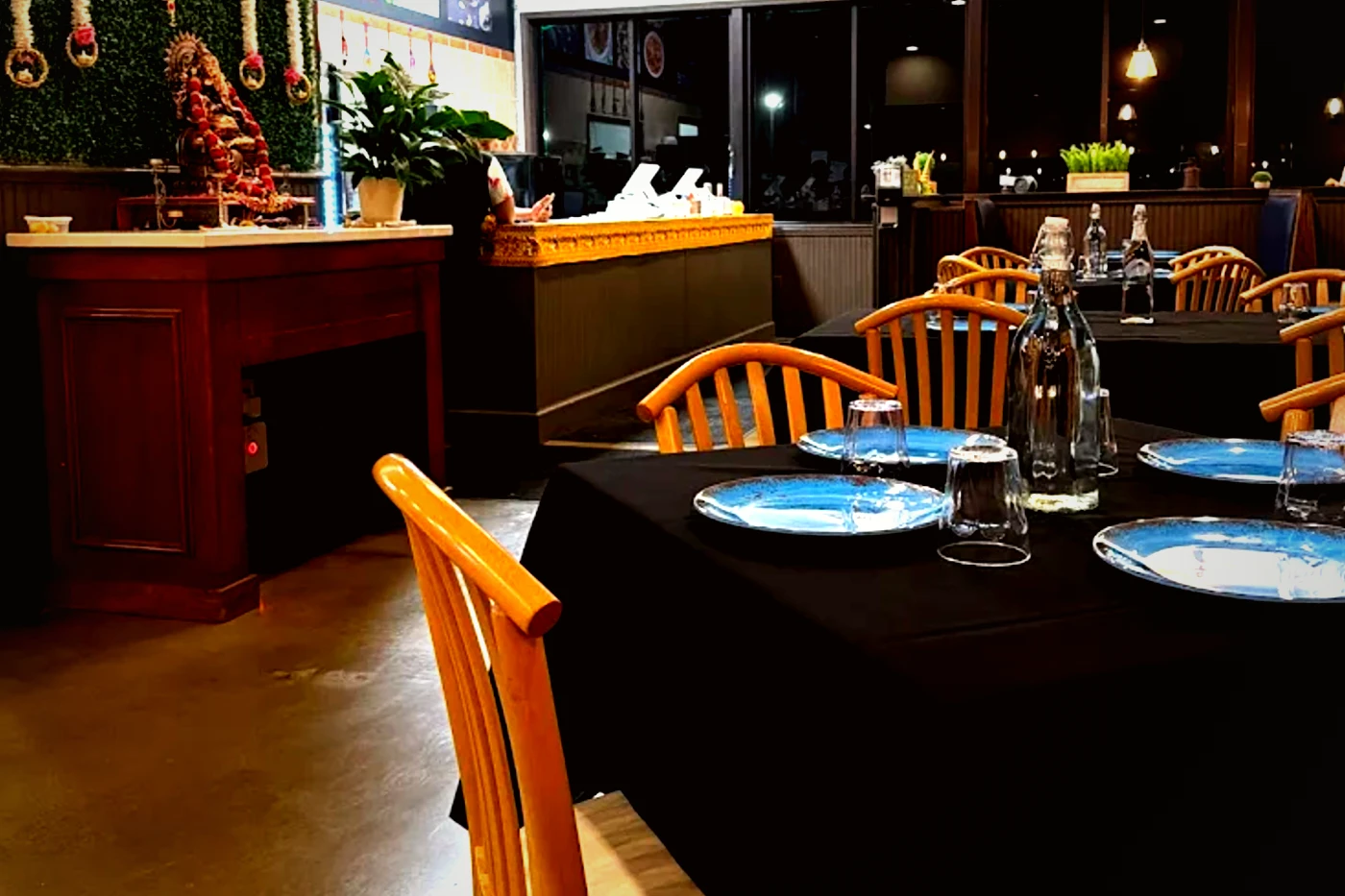 The dining room at Curry Leaf Indian Kitchen in Montgomery, Alabama, set for service